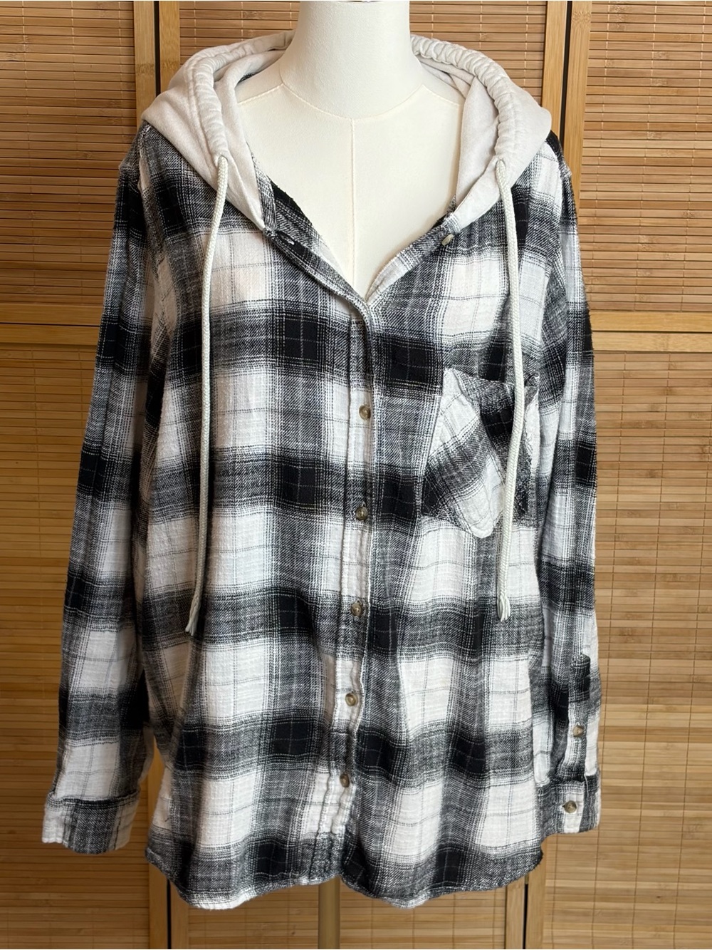 Black & White Plaid Hooded Button-Up Shirt - 3XL